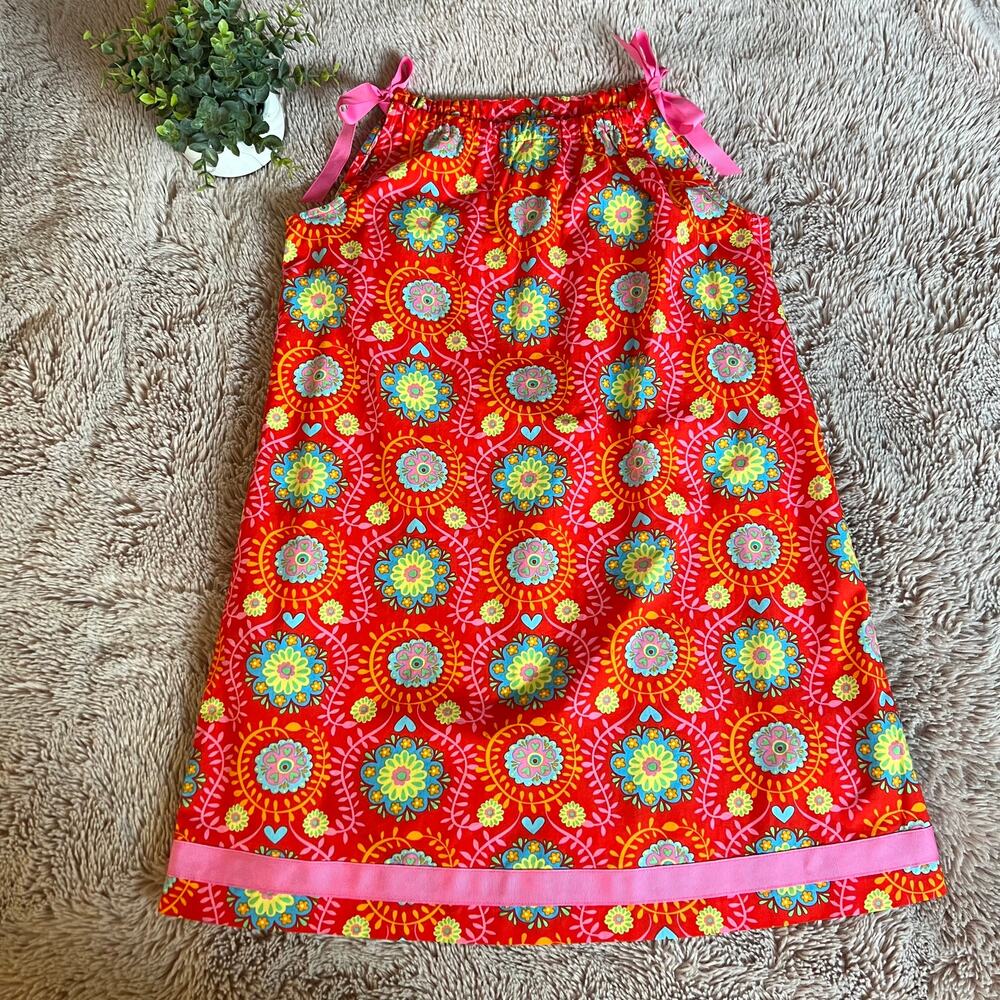Hanna Andersson Floral Print Pink Bow Straps Pillowcase Dress Size: 130 (8)